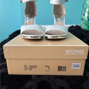 Michael Kors Silver and White Ankle Strap Heels